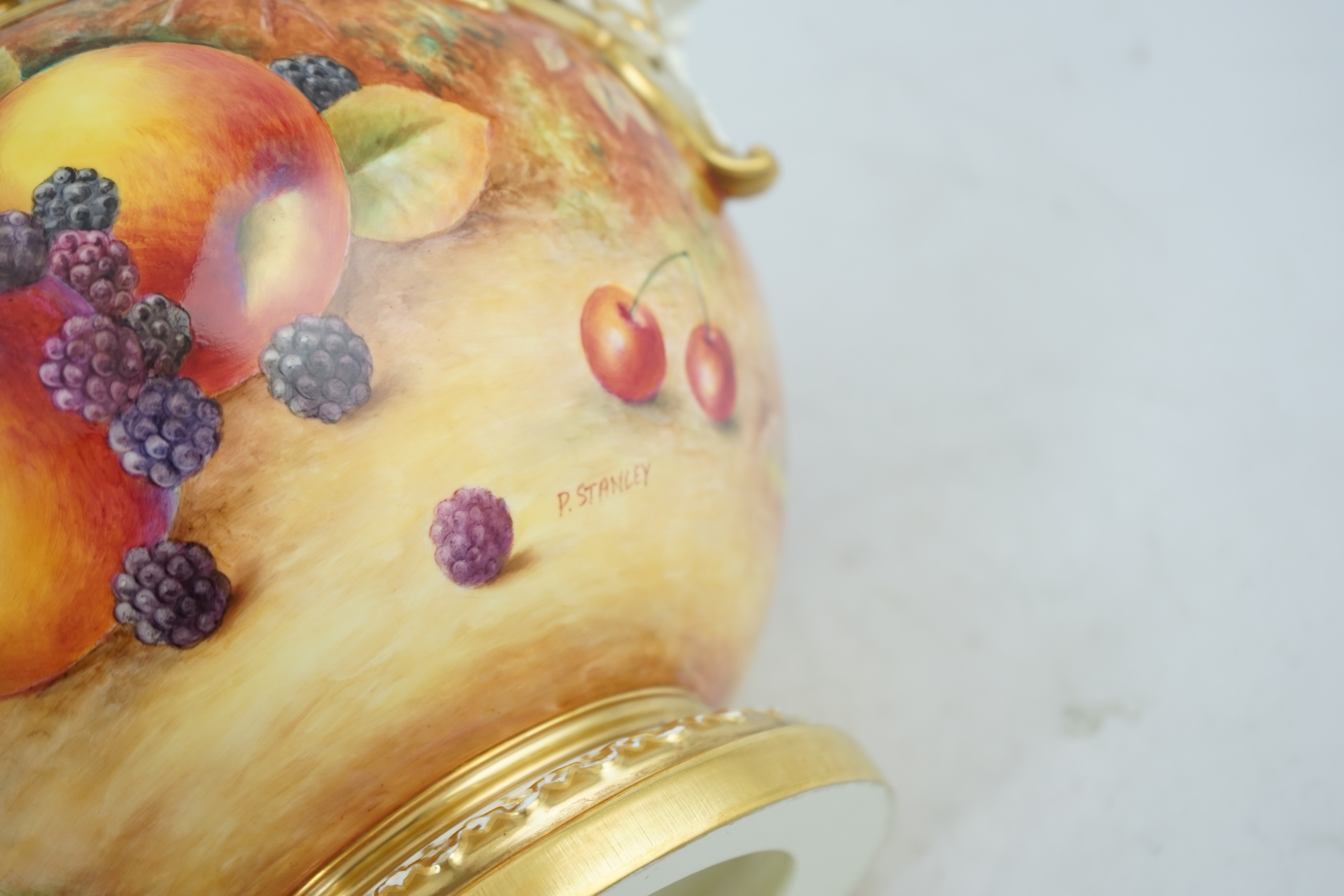 An impressive Royal Worcester fruit painted pot pourri vase and cover, by P. Stanley, post war